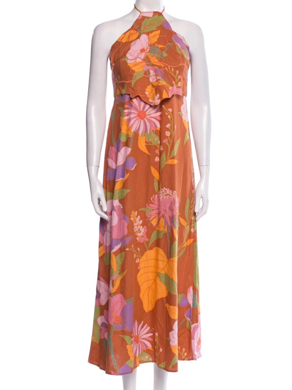 Caroline Constas Floral Halter Linen Maxi Dress Orange Tropical Print Medium